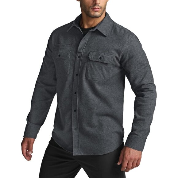 Mens Solid Grey Mood Cotton Flannel Shirt Long Sleeve Casual Outdoor Plaid - Picture 2 of 9